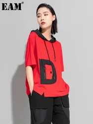 [EAM] Women Black Color-block Big Size Drawstring T-shirt Hooded New Half Sleeve Loose Fit Fashion Spring Autumn 2024 1DF5304