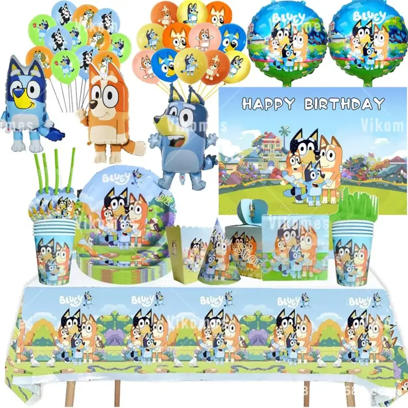 Globos Bluey, globos de perro de dibujos animados, cartel de feliz cumpleaños, vajilla, decoraciones de fiesta de fondo, adorno de pastel para niños