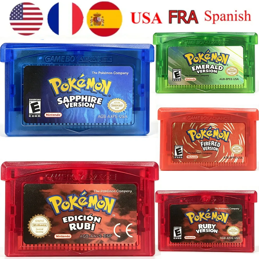 5PCS GBA Game Pokemon Series Video Game Cartridge Console Card Pokemon Emerald FireRed Ruby LeafGreen Sapphire Multi-language