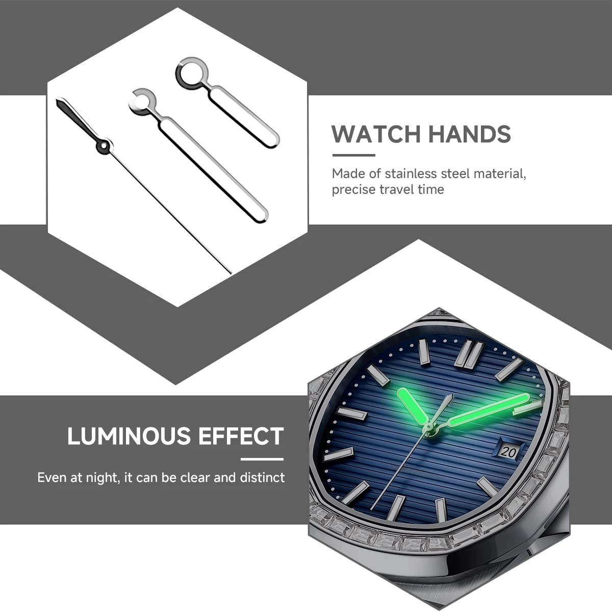 Wskazówki do zegarków NH35, niebieskie wskazówki z czarną krawędzią i zieloną lumą, do kwadratowych kopert, pasujące do mechanizmów NH35 NH36, do zegarków kwadratowych.