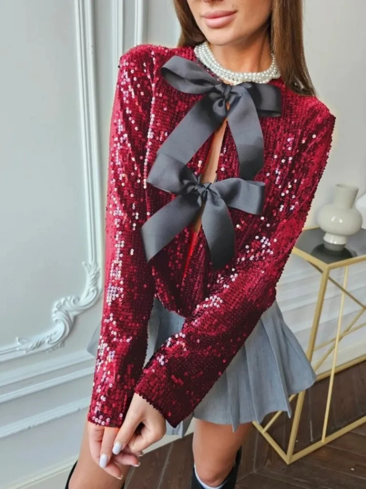 Y2k Luxury Design Fashion O-Neck Sequin Top Women's Autumn New Sweet Bow-Tie Button-Up Long-Sleeve Jacket Tops Coats Streetwear