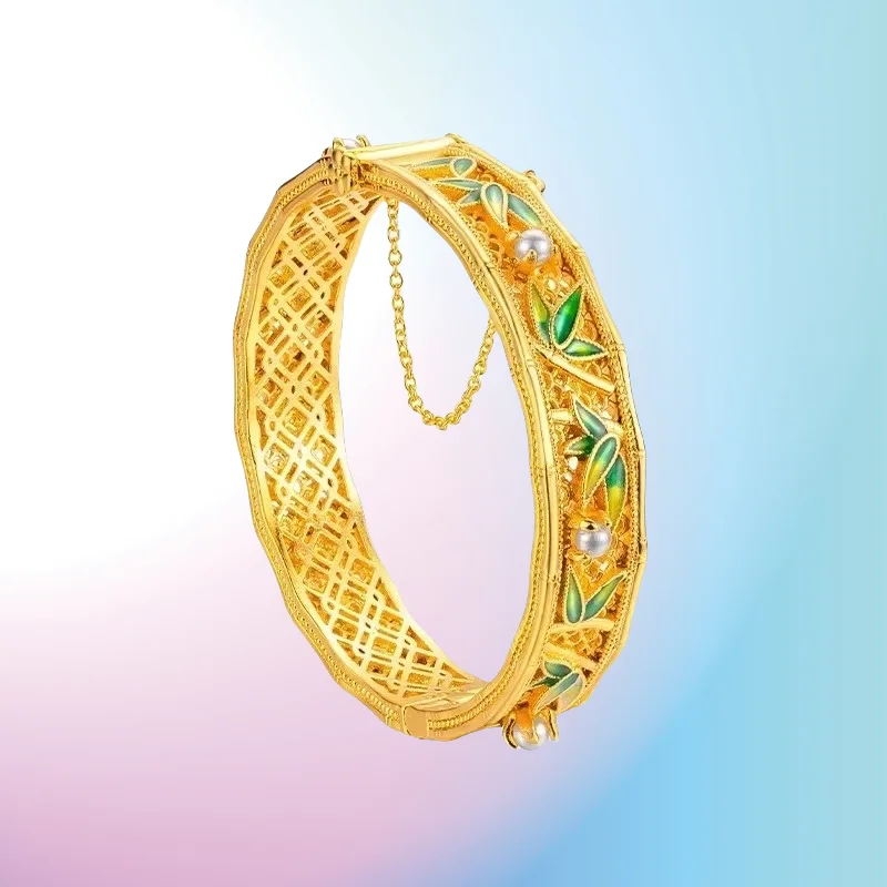 

new 9999 real gold 24K yellow gold Filament Craft Palace Ancient Gold Enamel Bamboo Bracelet
