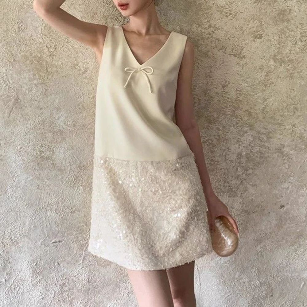 

Celebrity small fragrant wind splicing sequined sleeveless dress women's summer gentle wind slim small vest skirt
