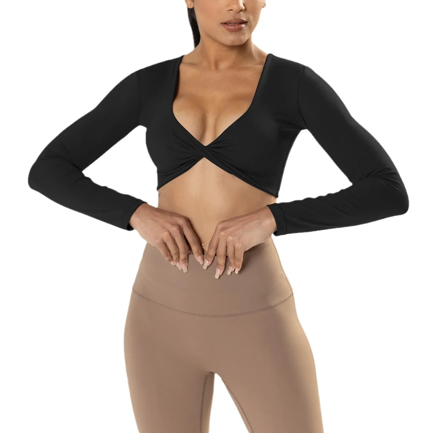 New Yoga Wear V Neck Sexy Long Sleeve Sports Crop Top Scrunch Croptop Shirt Gym Female Fitness Push Up Workout Tops for Women