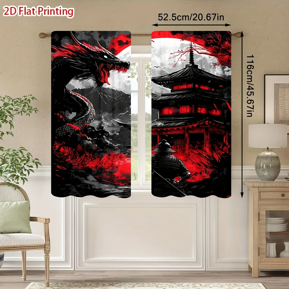 Luxurious Black Dragon Pagoda Oriental Printed Curtains Dramatic Asian Style Temple Window Drapes Modern Living Room Home Decor