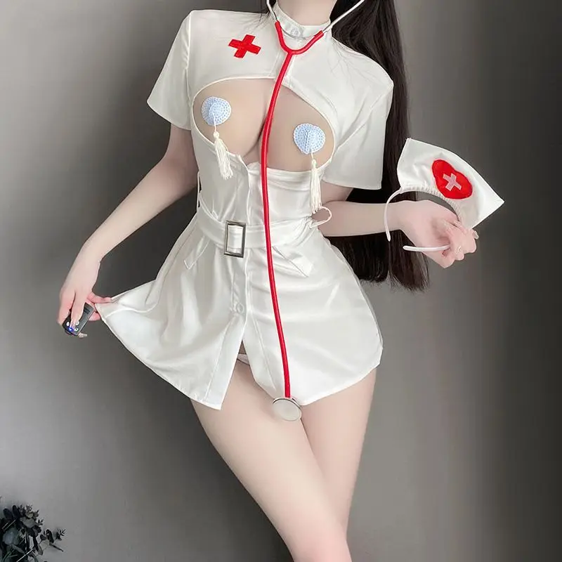 Sexy Lingerie Nurse Uniform Collocation White Dress Hollow Design Low Cut Nurse Headband T Pants Tassel Nipple Stickers Gift