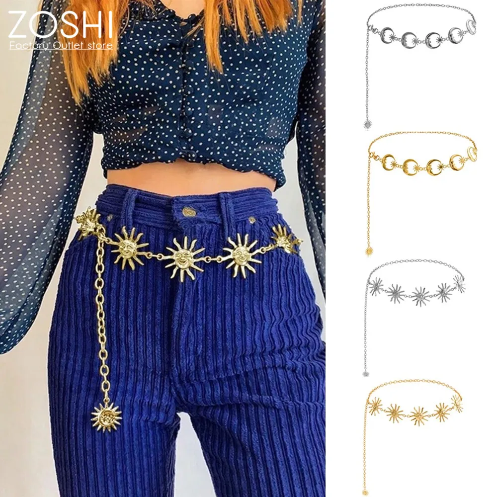 

Gold Plated Sun Style Belts Chains Vintage Harajuku Women High Waist Belt Gothic Chain Patchwork Fashion Moon Pendant Girls