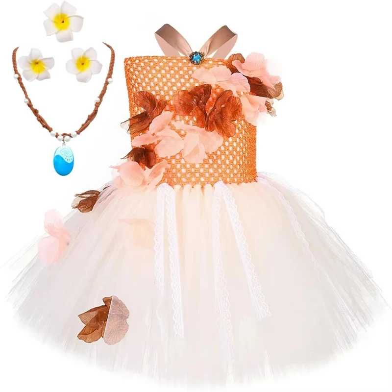 Girls for  Princess Moana CostumeHawaiian Themed Birthday Party Tulle Tutu Dress Flowers Crown Kids Halloween Carnival Costumes