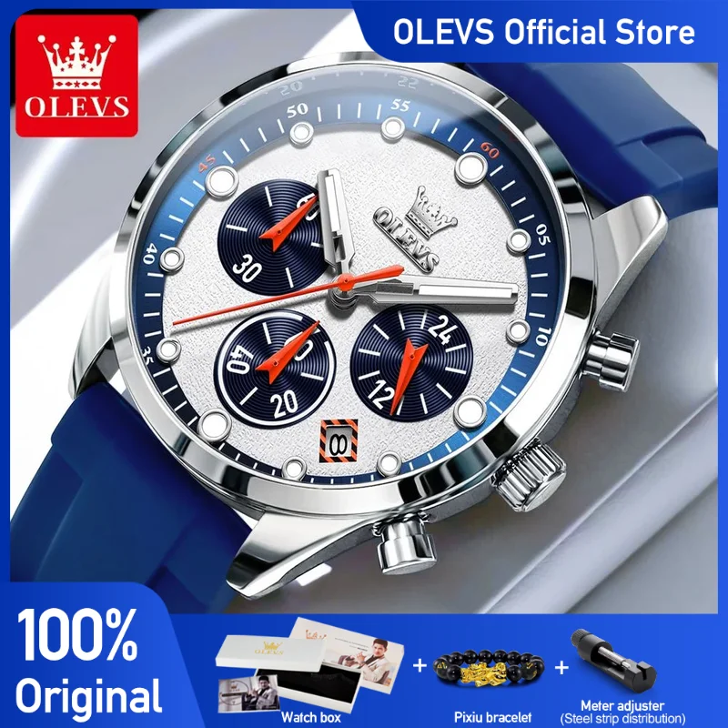 OLEVS Men\'s Watches Young Style Bright Colors Silicone Strap Original Quartz Wristwatch Waterproof Chronograph Luminous Date