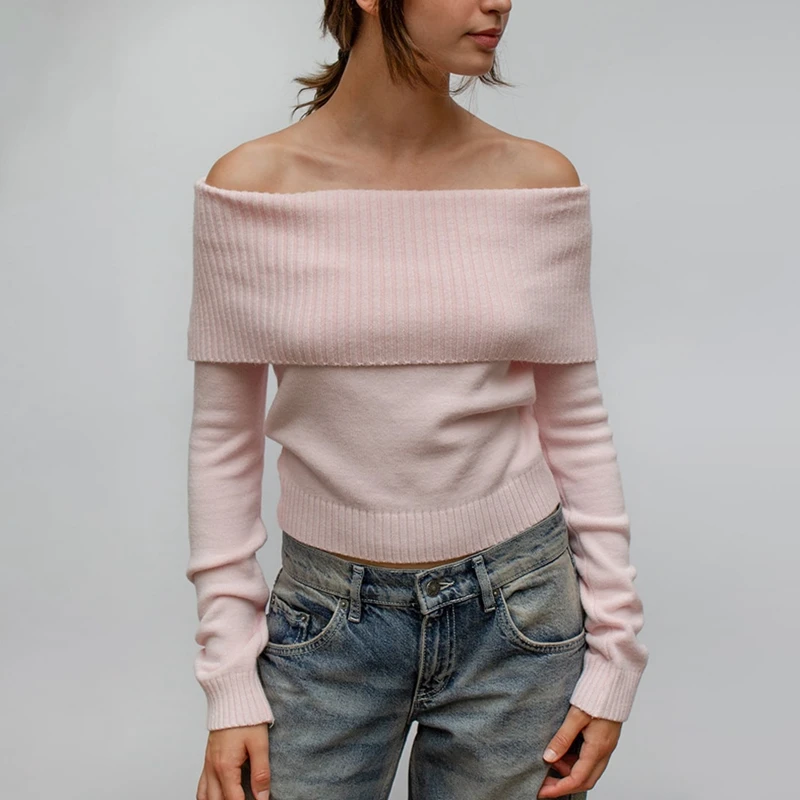 Elegant Off Shoulder Sweater Solid Color Fold Over Long Sleeve Knitwear Crop Tops Woemn Casual Fall Slim Fit Pullover Streetwear