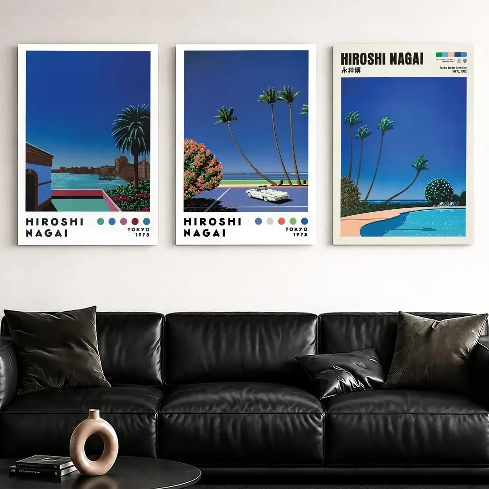 H-Hiroshi Nagai Blue Bay Estate Painting Calligraphy Framed Canvas Wall Art Poster Solid Wood Frame Home Decor