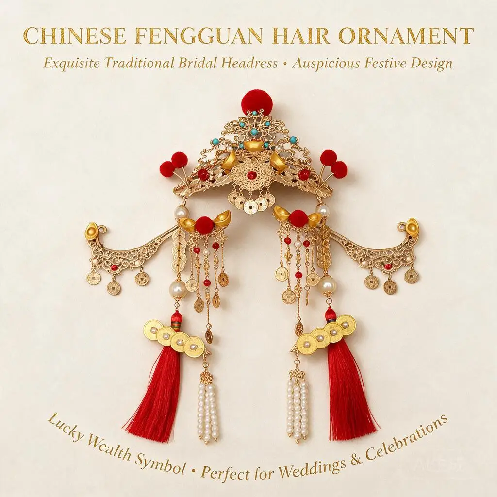 Chinese New Year God Of Wealth Hanfu Hair Accessories Set Red Pom Pom Tassel Hair Crown Combs Clips Hairpins Festive Headdress