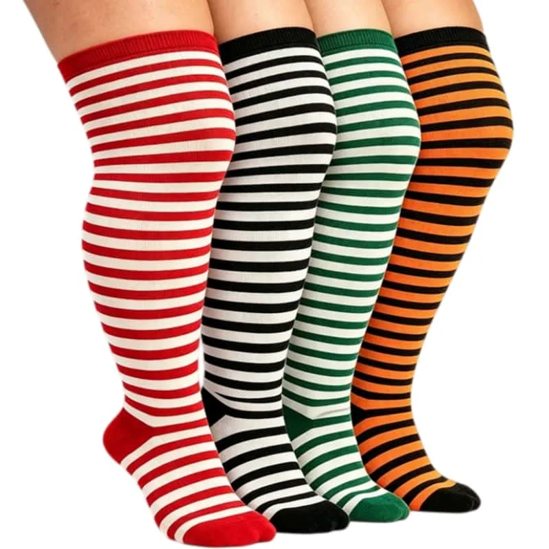 Plus Size Elastic Black Striped Thigh High Stockings Over Knee Halloween Christmas Cosplay Socks for Oversize Women 3XXXL Winter