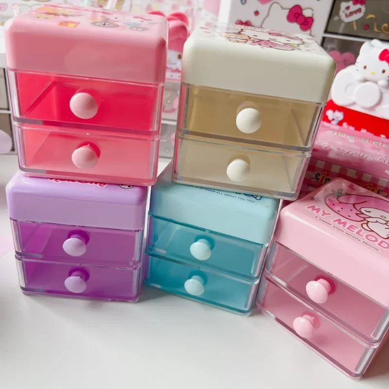 New Japanese Cartoon Printed Acrylic Cute Drawer Style Mini Storage Box Double-layer Kuromi Cinnamoroll Hello Kitty Jewelry Girl