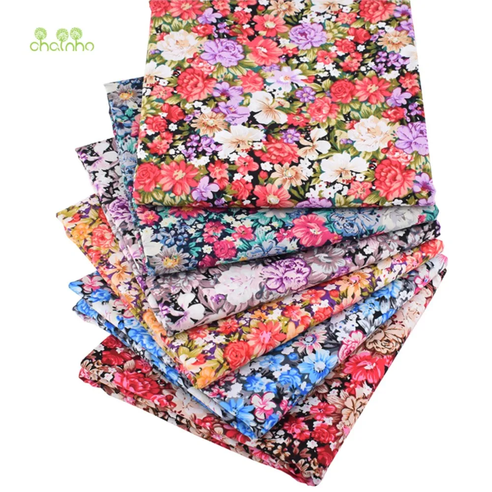 Chainho,Printed Plain Weave Poplin Cotton Fabric,DIY Quilting Sewing Material,Patchwork Cloth,Floral Series,2 Sizes,15PC88