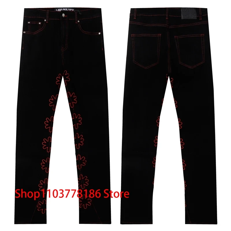 

Red Embroidered Flower Logo Trousers LOST SHDWS Jeans High Street Hip Hop Men Women Streetwear Lostshdws Denim Pants