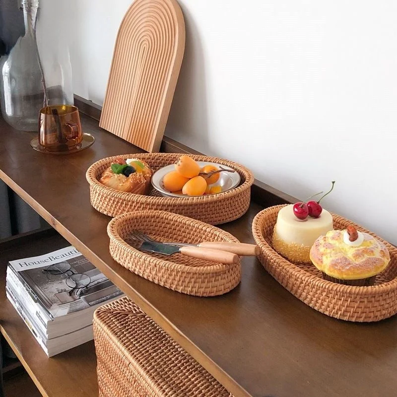 Rattan Handmade Bread Basket Household Small Steamed Buns Dessert Fruit Tray Kitchen Dessert Fruit Tray Food Storage Basket