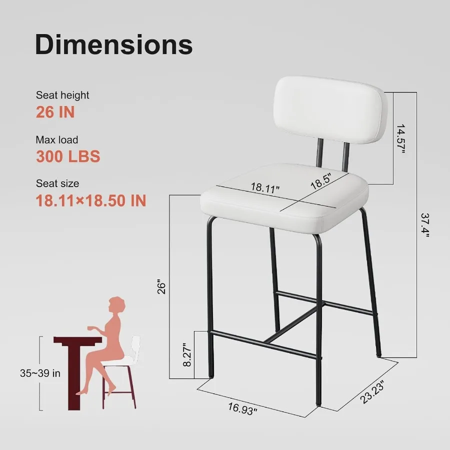 Bar Stools Set of 2, Kitchen Counter stools with Backs and Metal Legs