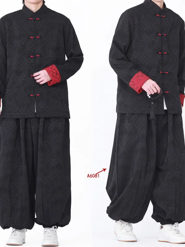 赤い波模様の薄いジャケットスタンドカラー中国風アウター春のファッション紳士服唐スーツカジュアルウェアポリエステル繊維