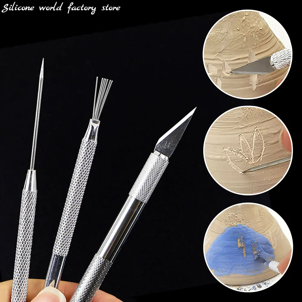 SW 1/3/6 Uds 7 pines textura de alambre de plumas herramientas de cerámica cuchillo de talla agujas de detalle DIY arcilla escultura herramienta de modelado de cerámica