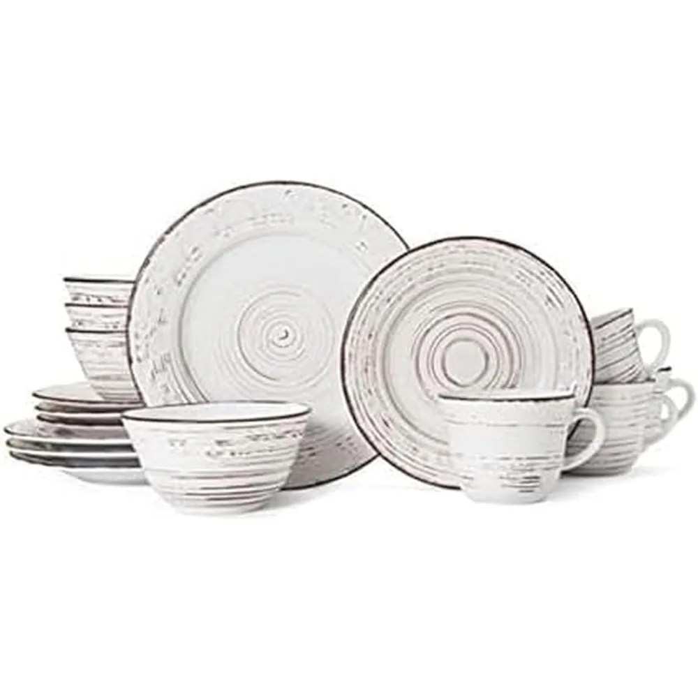 

16-Piece Stoneware Dinnerware Set for 4, Distressed White Finish, Microwave & Dishwasher Safe Plates Bowls
