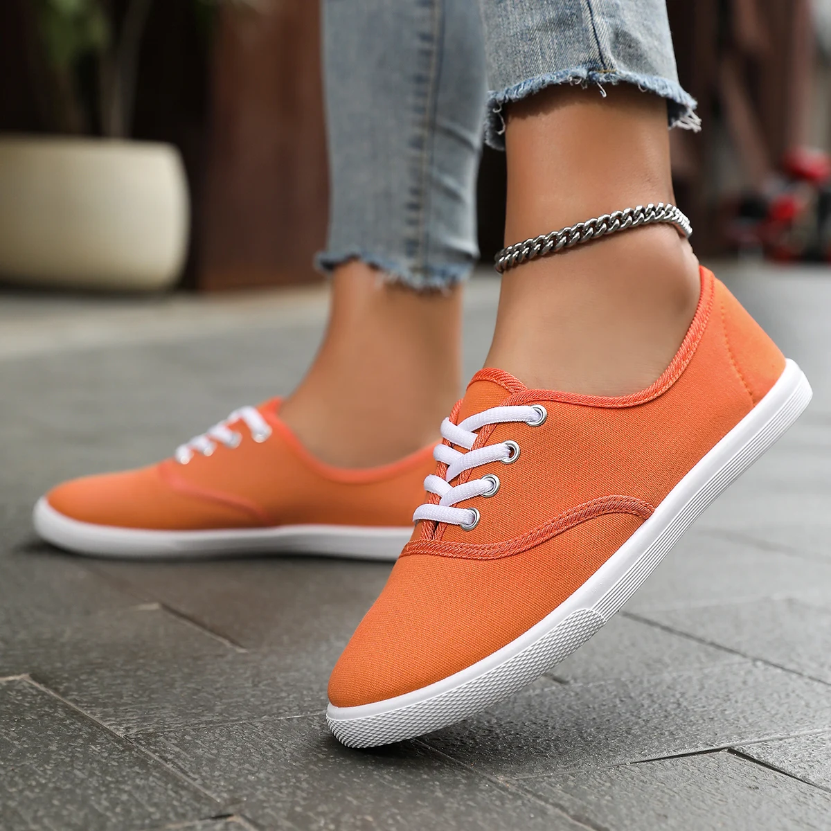Women's Solid Color Canvas Sneakers, Simple Style Lace-Up Flat Walking Shoes, Casual Lightweight Student Shoes image 6