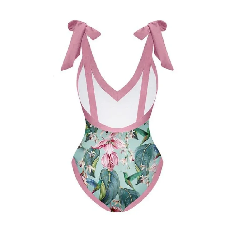 Maillot de bain à volants à bretelles vertes pour femmes, taille haute, bikini découpé une pièce, jupe en mousseline rose, élégant, adapté aux femmes