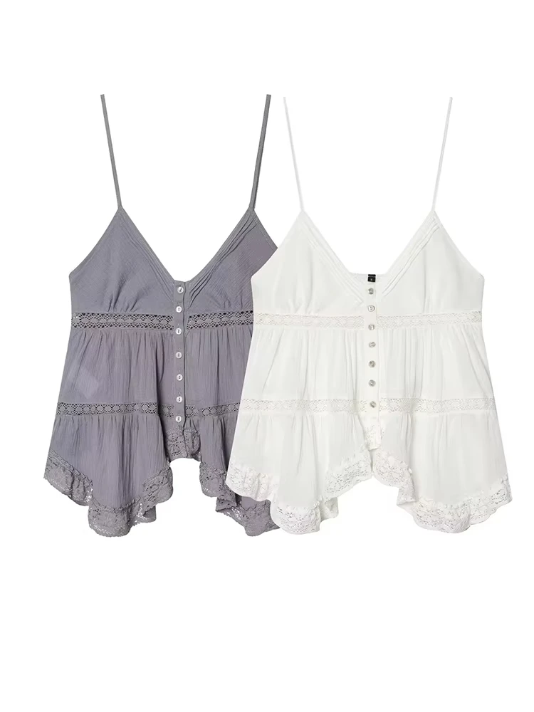 Women Lace Trim V-Neck Cami Top Button Front Flowy Hanky Hem Babydoll Tank Tops Summer