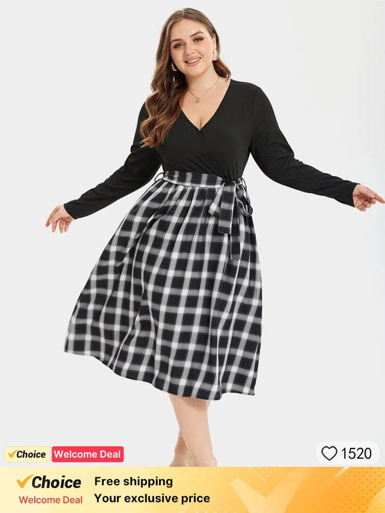 Plus Sized Clothing 2024 New Summer Black Women's Elegant Plaid Print V-Neck Belted Midi Dress Long Sleeve Patchwork Maxi Dress