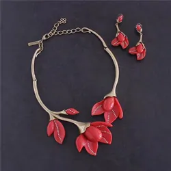 Vintage copper red big Resin Magnolia flowers short necklace earrings jewelry set