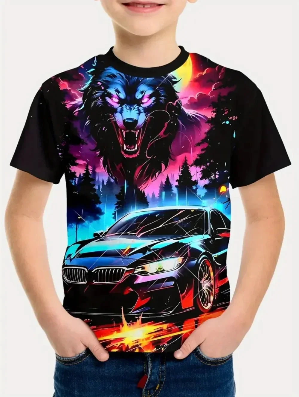 Lustiges T-Shirt mit Rennwagen-Grafik für Männer, Frauen, Kinder, Sommer, lässig, kurzärmelig, modische Streetwear, Kinderkleidung