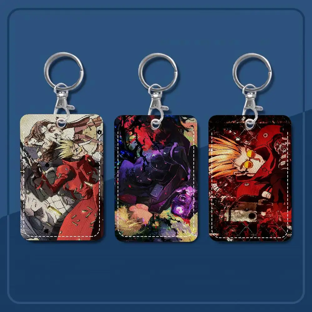 Anime Trigun Stampede Rectangle ID Card Case Keychain Access Card Bag Key Tag Ring Leather Card Holder Key Ring Access