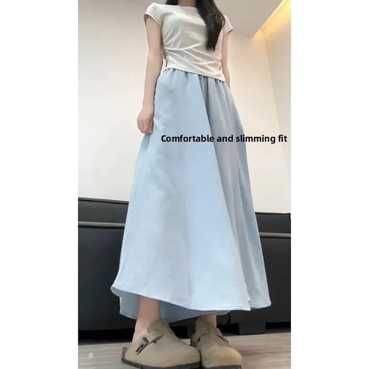 Pantaloni a gamba larga in seta blu ghiaccio Donna Estate Nuovi pantaloni larghi dimagranti con gonna a f Pendolarismo Sle Vita alta Nove punti Poliestere...