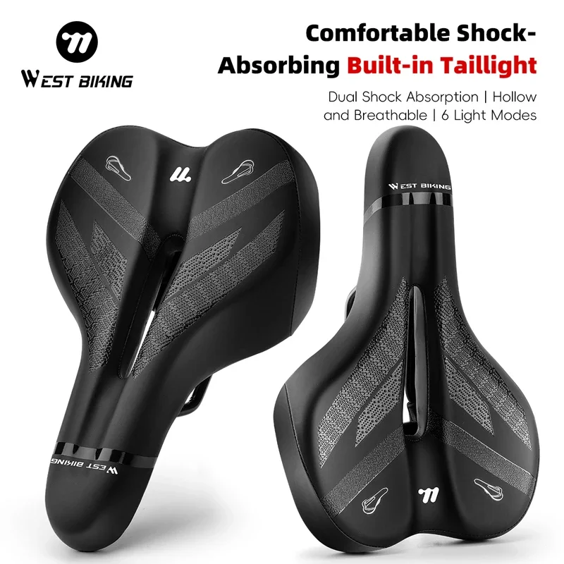 WEST BIKING Bicycle Saddle With Warning Taillight Bike Shock Absorption Soft Seat Widen Thicken Cushion MTB Touring Bike Saddle view 3