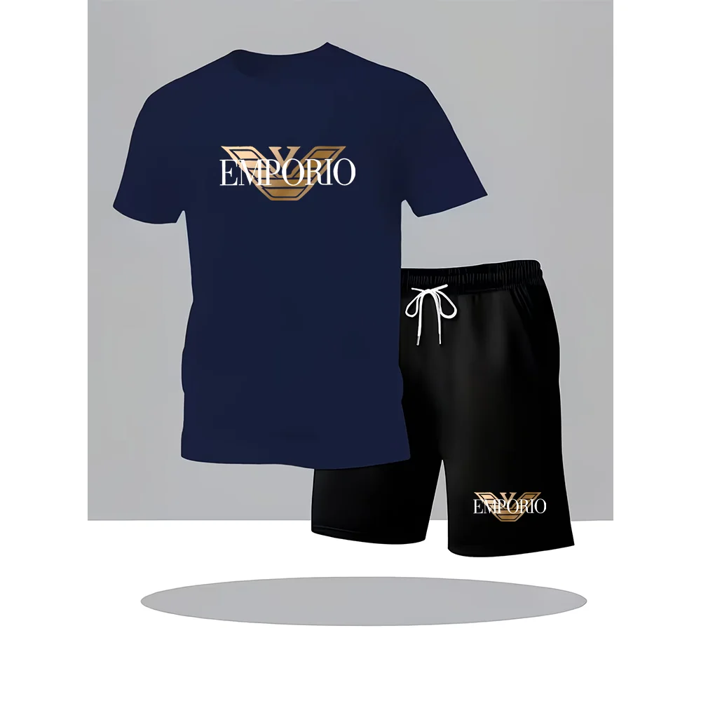 Мужской комплект для бега: футболка и шорты, с круглым воротником, на резинке, подходит для занятий спортом и повседневной носки, комфортный.