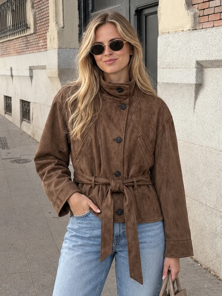 HH Party Brown Faux Suede Jacket Women Fall Stand Collar Belted Waist Single Breasted Cropped Glamorous Chic Trendy Jacket