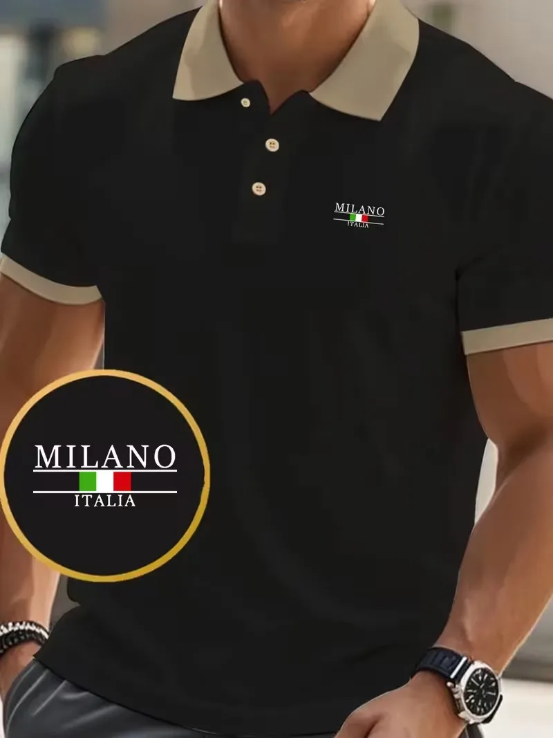 2026 Men's letter MILANO 3D Print Short Sleeve lapel Polo Shirts summer breathable and comfortable Business Casual men's clothes