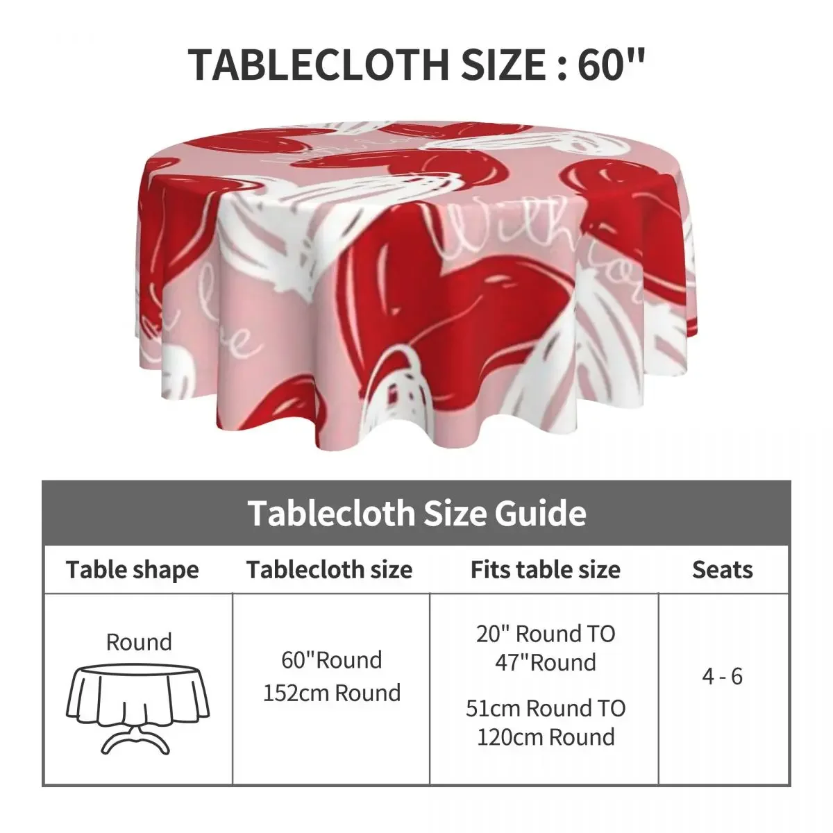 Valentines Day Round Tablecloth White and Red Heart Waterproof Table Cloth Modern Wedding Birthday Party Custom Table Cover