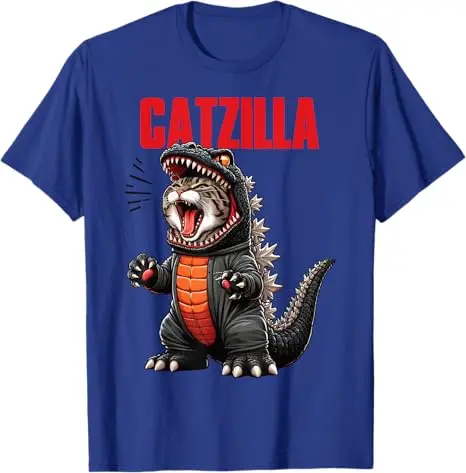 Cute Kitty Catzilla T-Shirt for Cat Moms & Dads Boys Fashion Japanese Anime Kitten Y2k Design Graphic Outfit Street Novelty Gift
