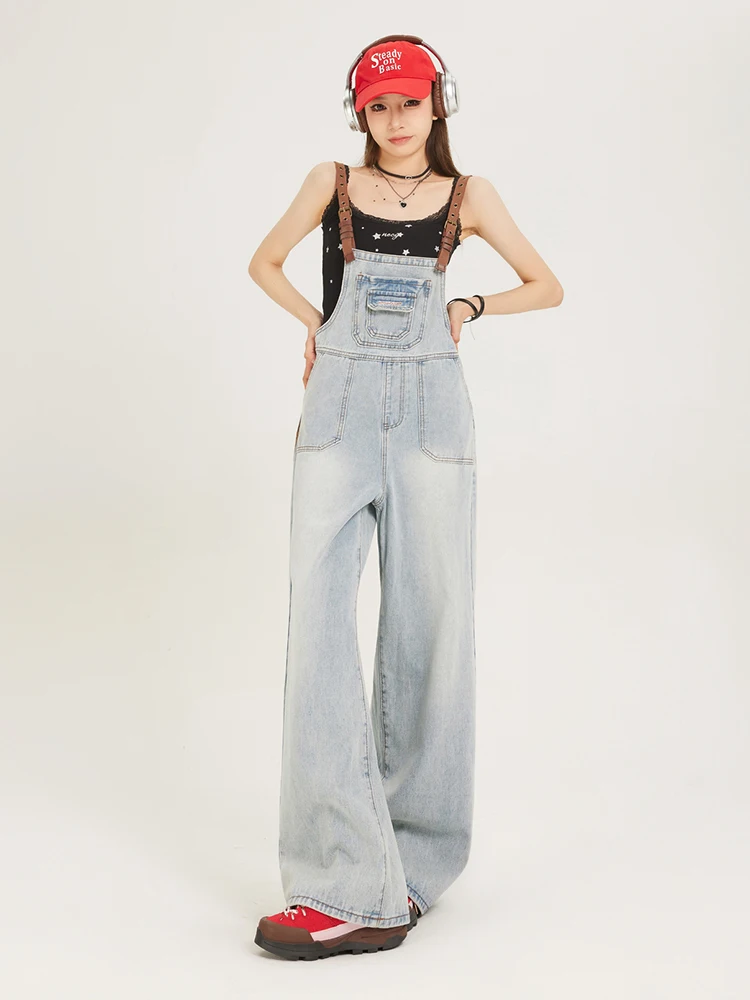 

Washed Blue American Retro Wide Leg Overalls Women's Loose Slimming Age-Defying Relaxed Fit Denim Pants Natural Waist