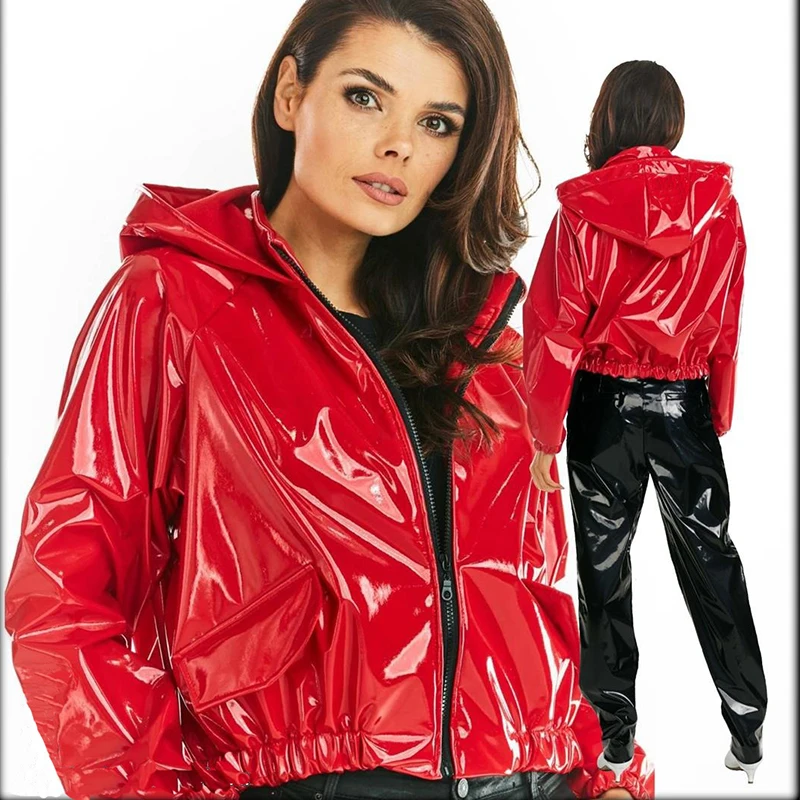 Women's Shiny Red Patent Leather Hooded Jacket Zip Up Wet Look Cropped Coat Streetwear Y2K Party Windbreaker Glossy Festival Top