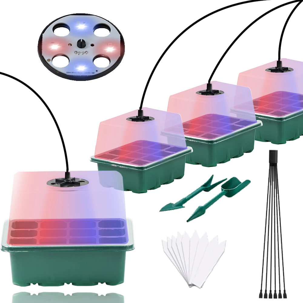 12 Holes Red Blue Full Spectrum LED Growth Seedling Tray Starter with Grow Light Gardening Plants Germination Tool and Equipment