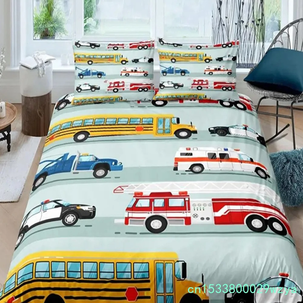 3D Car King Queen Duvet Cover Cartoon Car Bedding Set Kids Boys Blue Grey Emergency Responder Vehicles Polyester Quilt Cover