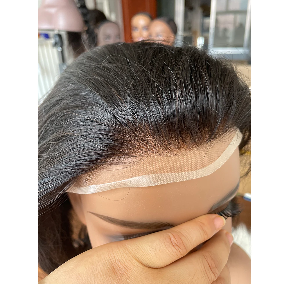 Tupecik męski Swiss Lace Front Natural Hairline Toupee męski z PU Skin V-loopter Europejski system wymiany ludzkich włosów dla peruki męskiej