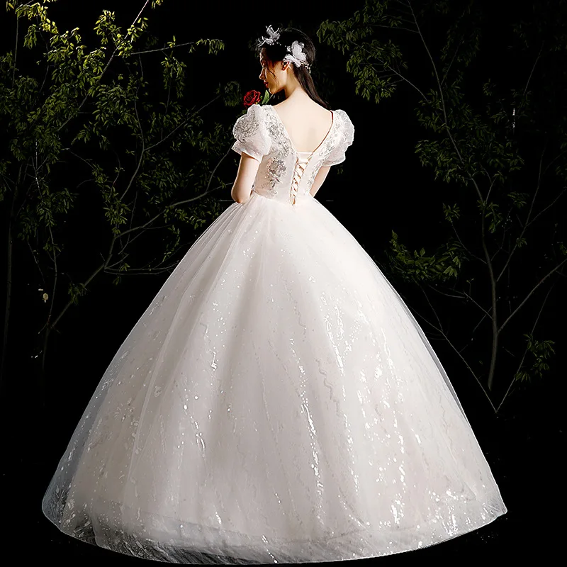 Backless Lace Ball Gown, Puff Sleeve, vestidos de casamento, Beading Design