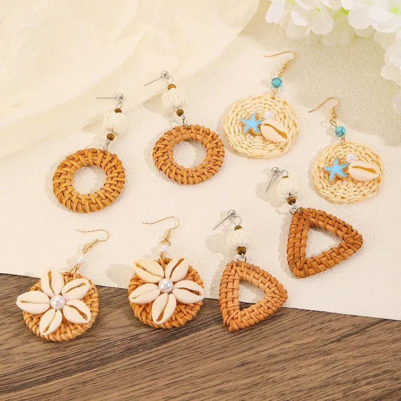 Summer New Geometric Round Rattan Earrings Bohemian Vacation Style Women's Jewelry