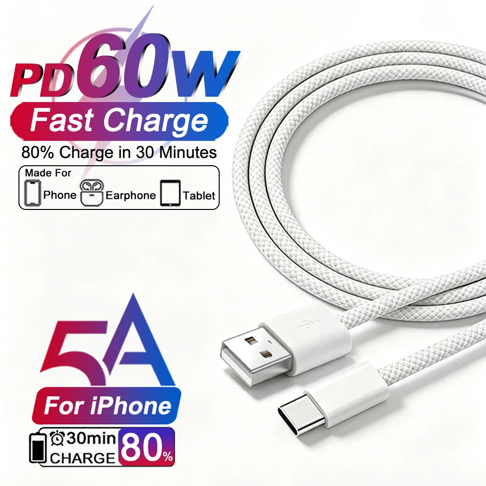 Original PD 60W USB Braided Cable For iPhone 17 16 15 Pro Max Plus Fast Charging Type C Cable Data Charge Cord Phone Accessories