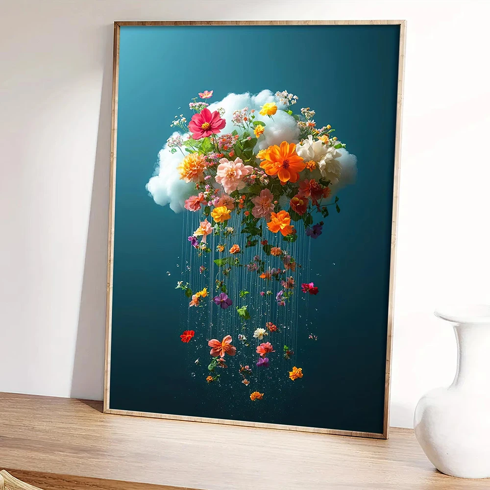 Moderne Blumen-Wolken-Leinwandgemälde, Wandkunst, abstrakte Blumen-Poster, lebendige, mehrfarbige Blumen, Wandkunst, Heimdekoration. – Detail 6
