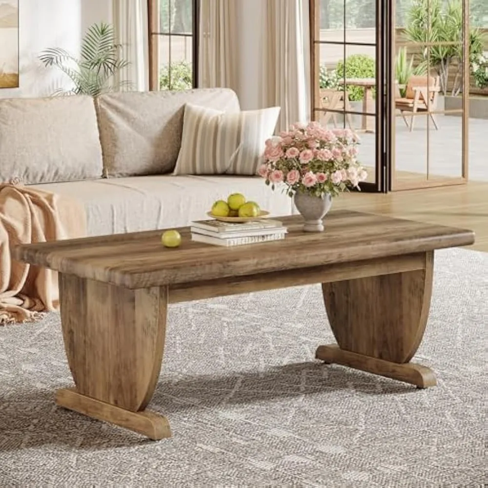 طاولة قهوة كبيرة على طراز المزرعة الخشبية الهندسية مع قاعدة قوية