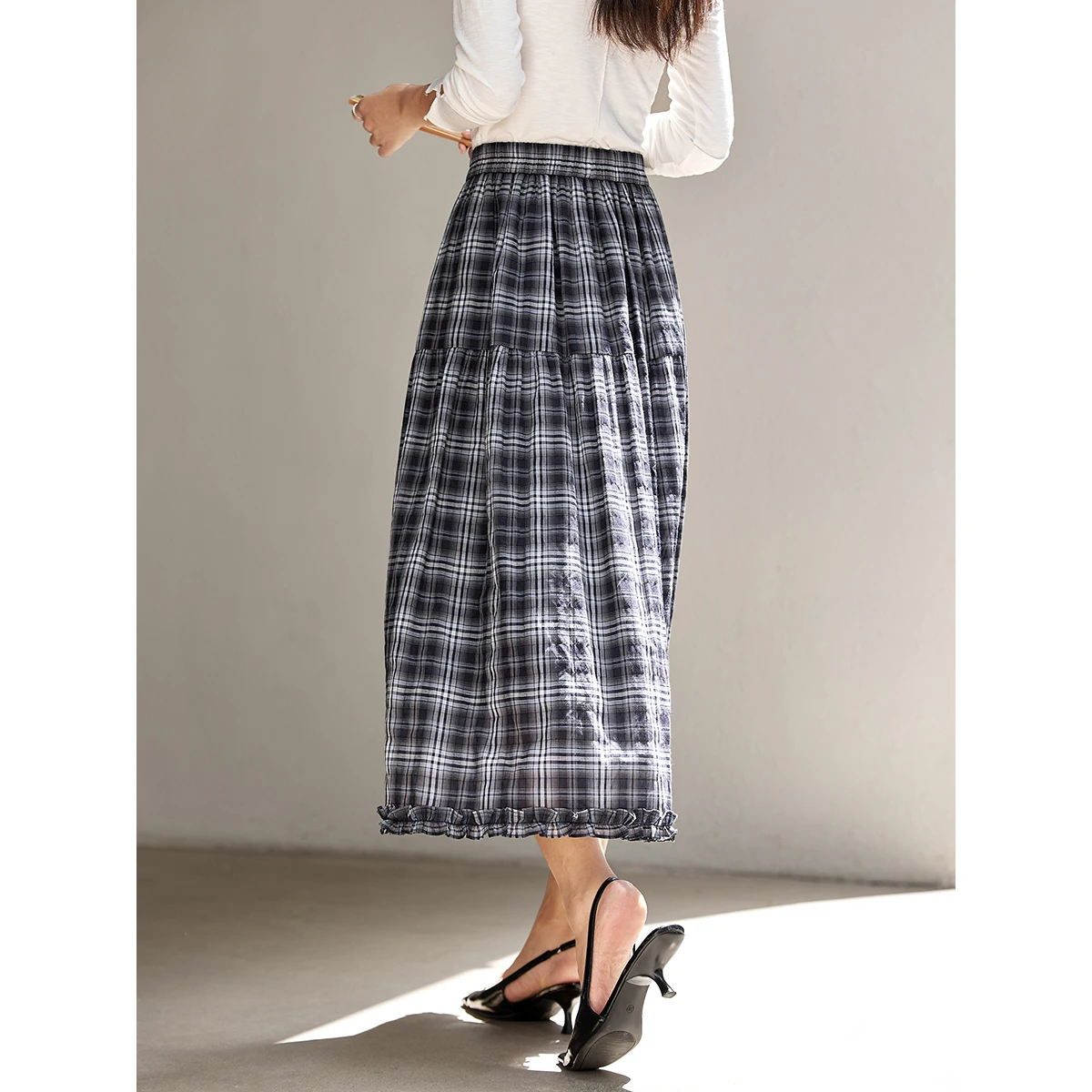 VIMLY المرأة خمر منقوشة تنورة 2025 الخريف التنانير خمر غير رسمية تصميم ميدي تنورة تخفيف كشكش ألف خط الإناث تنورة A2980